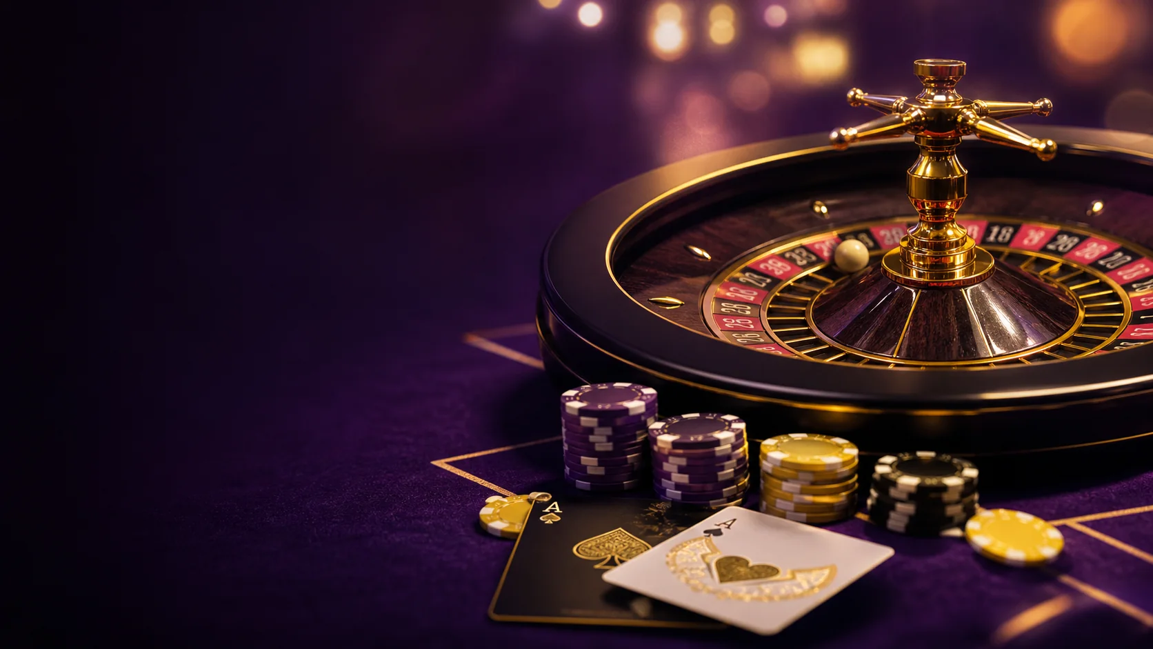 Roleta, fichas e cartas em uma mesa roxa iluminada em dourado